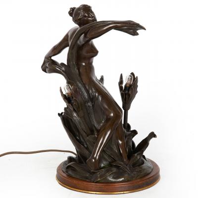 Bronze Art Nouveau Lamp Maiden Surrounded by Flowers