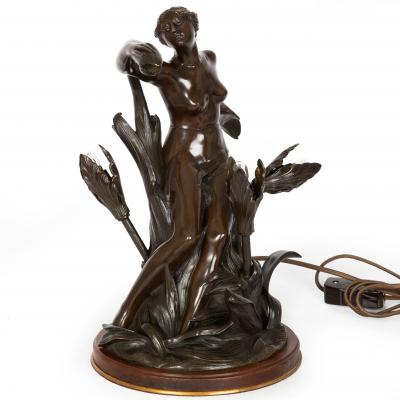 Bronze Art Nouveau Lamp Maiden Surrounded by Flowers