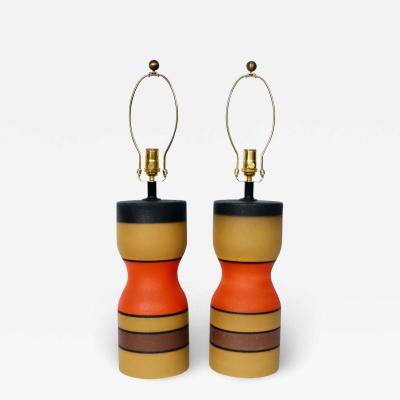 Bruno Gambone Pair of Bright Banded Pottery Table Lamps in the Manner of Bruno Gambone