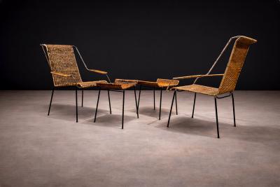 Carlo Hauner Set of Two Armchairs with Stools in Cane Iron Carlo Hauner Lot 232 851