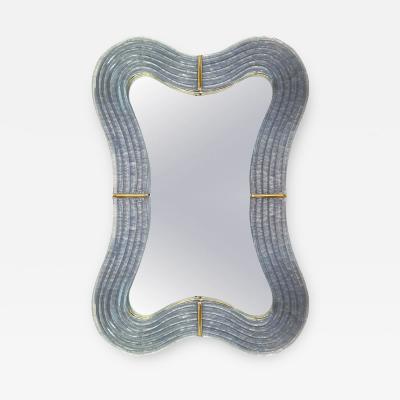 Contemporary Italian Pearl Gray Blue Murano Glass Curved Mirror Brass Accents