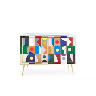 Designer Sideboard With Murano Glass Panels In The Geometric Postmodern Style