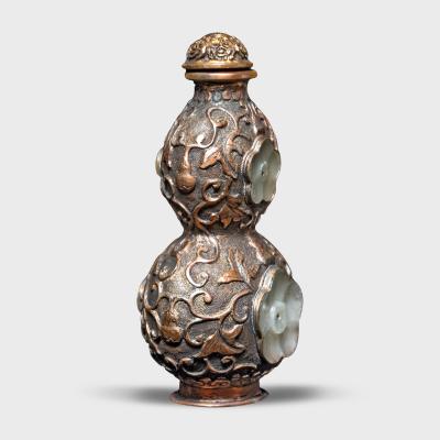 Double Gourd Repouss Snuff Bottle with Jade Buttons