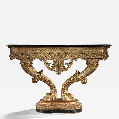 EXCEPTIONAL EARLY 19TH CENTURY SERPENTINE MARBLE GILTWOOD CONSOLE TABLE