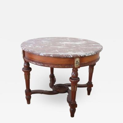 Early 20th Century Carved Mahogany Round Center Table with Marble Top