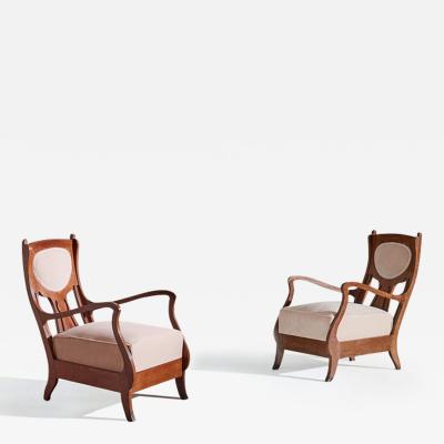 Eugenio Quarti Pair of Art Nouveau armchairs Mahogany wood and fabric upholstery 