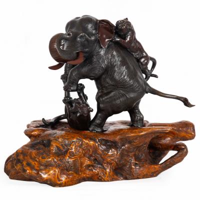 Exceedingly Fine Bronze Okimono of Elephant Attacked by Tigers