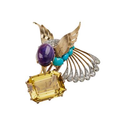 French Citrine and Amethyst Exotic Bird Clip Brooch