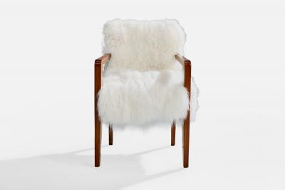 French Designer Armchair with Wood and Shearling France 1930s