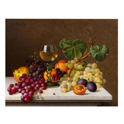 GOTTFRIED SCHULTZ Still life with Wine Fruits and a Fly on Marble Table Gottfried Schultz