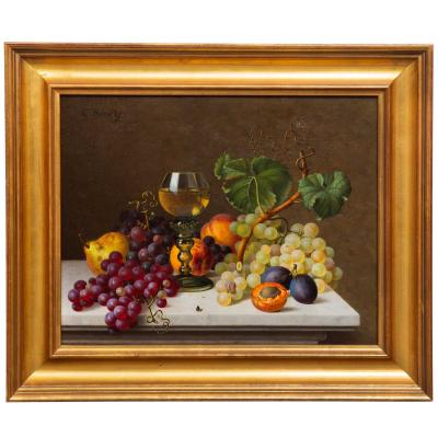 GOTTFRIED SCHULTZ Still life with Wine Fruits and a Fly on Marble Table Gottfried Schultz
