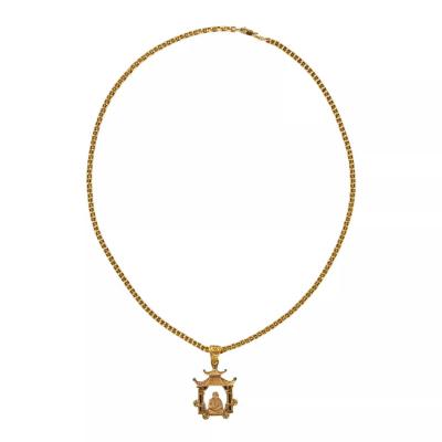 Gold Necklace With A Pagoda Pendant Featuring A Meditating Buddha 