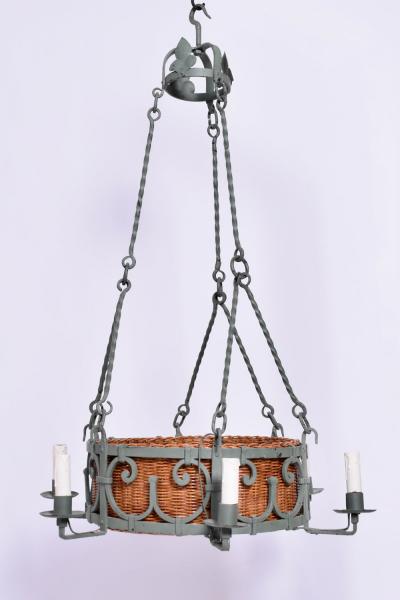 Green wrought iron and wicker ceiling lamp 1940s 
