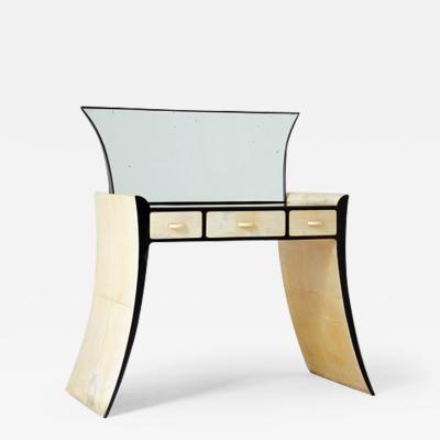 Guglielmo Ulrich Unique console table with mirror black lacquered wood and goat skin covering 