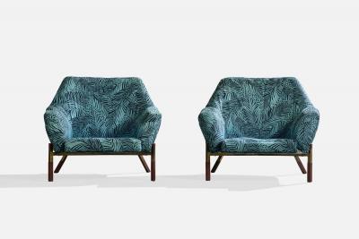 Italian Designer Lounge Chairs with Fabric Wood and Brass Italy 1960s
