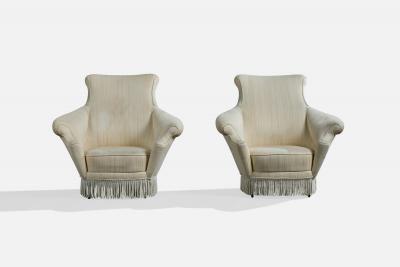 Italian Designer Lounge Chairs with Fabric and Wood Italy 1950s