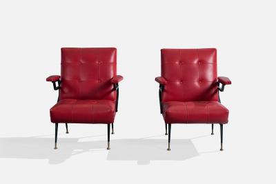Italian Designer Lounge Chairs with Metal Vinyl and Brass Italy 1960s