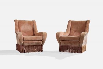 Italian Designer Lounge Chairs with Velvet and Wood Italy 1950s