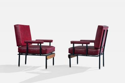 Italian Designer Lounge Chairs with Vinyl Metal and Wood Italy 1960s