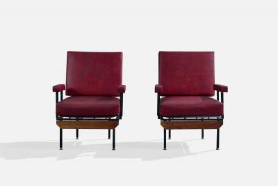 Italian Designer Lounge Chairs with Vinyl Metal and Wood Italy 1960s