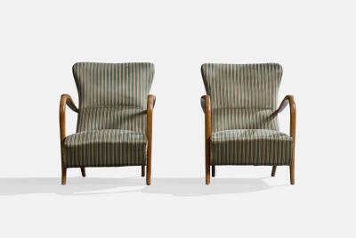 Italian Designer Lounge Chairs with Wood and Fabric Italy 1950s