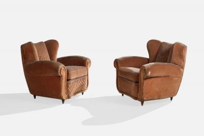 Italian Designer Lounge Chairs with Wood and Velvet Italy 1940s