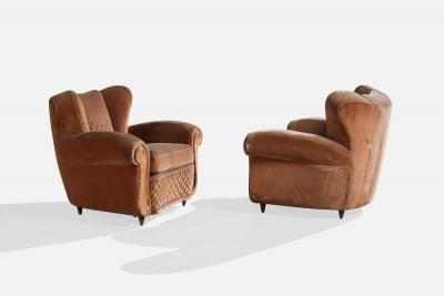 Italian Designer Lounge Chairs with Wood and Velvet Italy 1940s