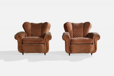 Italian Designer Lounge Chairs with Wood and Velvet Italy 1940s