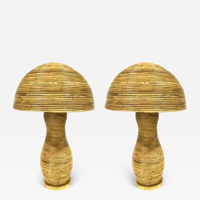 Italian Organic Modern Contemporary Brass Rattan Mushroom Table Floor Lamps