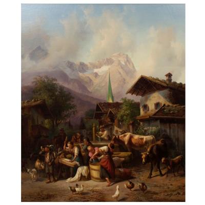 JOSEPH HEINRICH LUDWIG MARR An Alpine Village oil on panel Joseph Heinrich Ludwig Marr