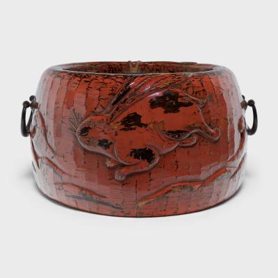 Japanese Red Lacquer Negoro Hibachi with Rabbits
