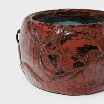 Japanese Red Lacquer Negoro Hibachi with Rabbits