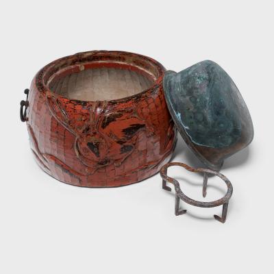 Japanese Red Lacquer Negoro Hibachi with Rabbits