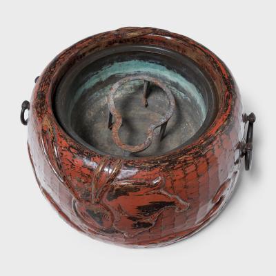 Japanese Red Lacquer Negoro Hibachi with Rabbits