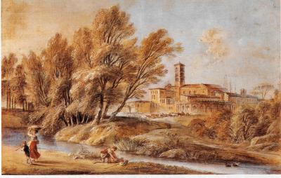 Jean Baptiste Lallemand Landscape with Figures by a Stream before a Monastery