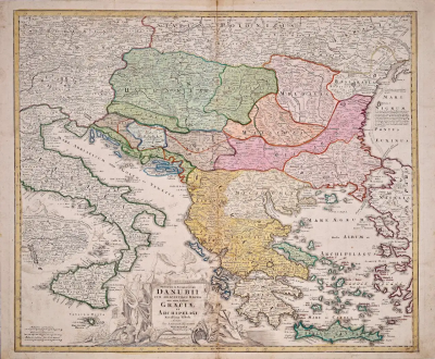 Johann Baptist Homann Danube River Italy Greece and Croatia A Hand colored 18th C Homann Map