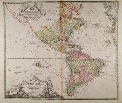 Johann Baptist Homann North and South America An 18th Century Hand colored Map by Johann Homann