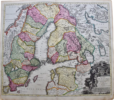 Johann Baptist Homann Sweden Adjacent Portions of Scandinavia A Hand Colored 18th C Map by Homann