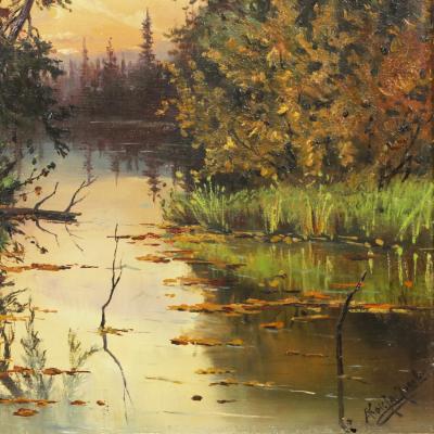 Landscape With A Pond In Evening Light A Konstantinova Russia