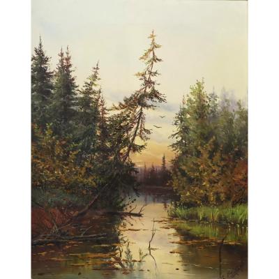 Landscape With A Pond In Evening Light A Konstantinova Russia