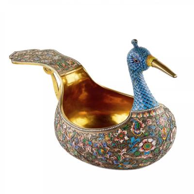 Large Silver Kovsh In The Russian Style With Cloisonne Enamel Russia Moscow