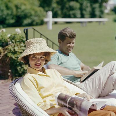 Mark Shaw Mark Shaw Kennedys Jackie in Straw Hat JFK Reading 1959