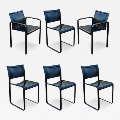 Matteo Grassi Signed Matteo Grassi Set of Six Black Leather Chairs 2 Armchairs 4 Side Chairs
