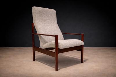 Michel Arnoult Tall Armchair in Imbuia Wood Grey Bocule Michel Arnoult 1960s Lot 154A