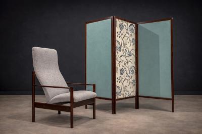 Michel Arnoult Tall Armchair in Imbuia Wood Grey Bocule Michel Arnoult 1960s Lot 154A