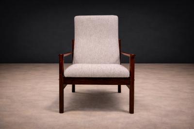 Michel Arnoult Tall Armchair in Imbuia Wood Grey Bocule Michel Arnoult 1960s Lot 154A