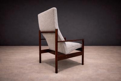 Michel Arnoult Tall Armchair in Imbuia Wood Grey Bocule Michel Arnoult 1960s Lot 154A