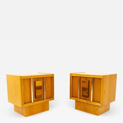 Mid Century Brutalist Oak Rosewood and Chrome Nightstands Pair