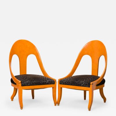 Mid Century Orange Lacquer Black Leopard Print Upholstery Spoon Back Side Chairs