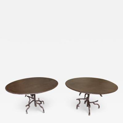 PAIR OF FRENCH IRON FAUX BOIS GARDEN DINING TABLES